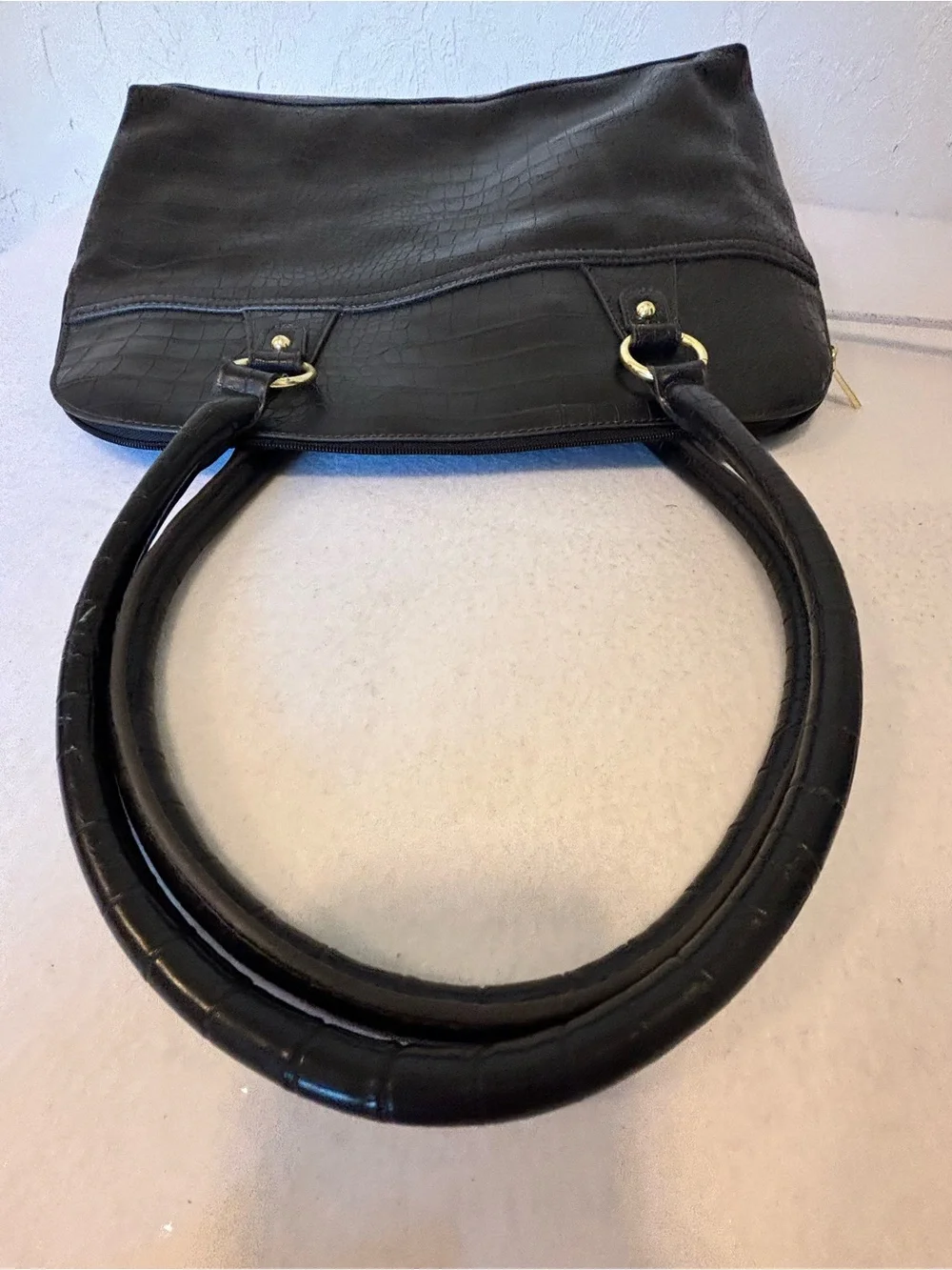 Liz Claiborne Black Croc Embossed PVC Laptop Travel Tote Carryall Bag